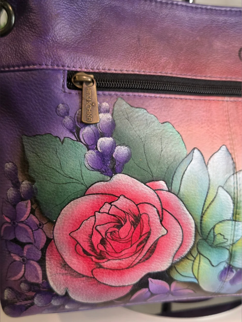 Anuschka Hand-Painted Purple Floral Leather Shoulder Bag - Picture 7 of 14
